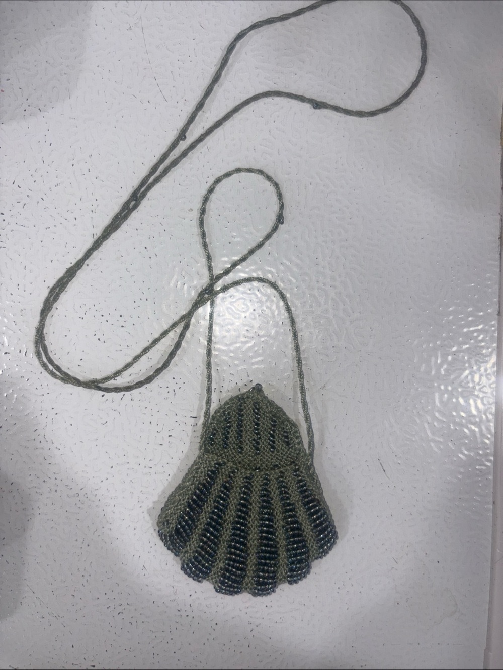 Beaded seashell coin purse necklace or crossbody bag crocheted sea green